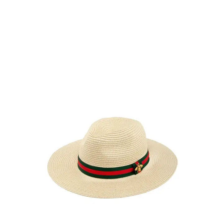Bee Decorated Green and Red Band Straw Fedora Hat