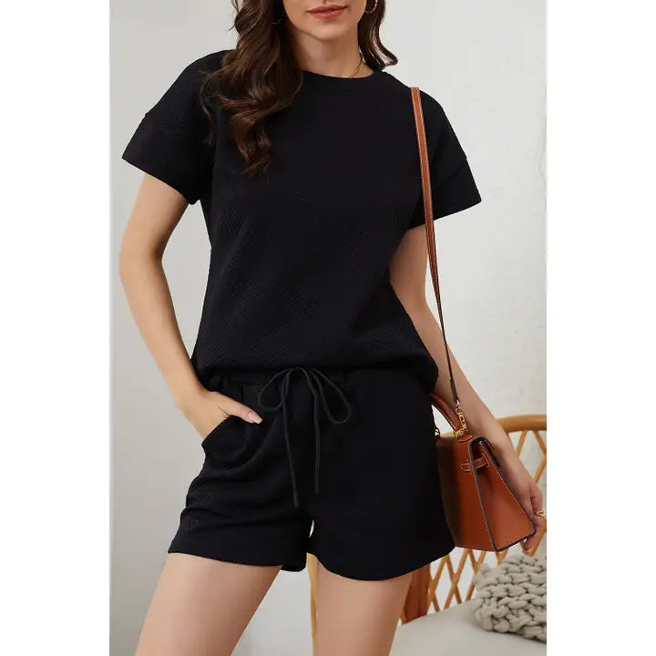 Drawstring Short Set Textured Black
