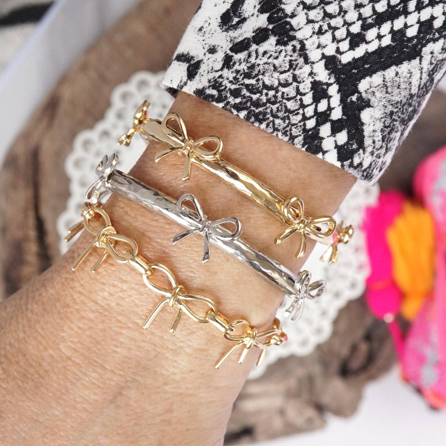 Bow Bangle Bracelet - Gold Tone