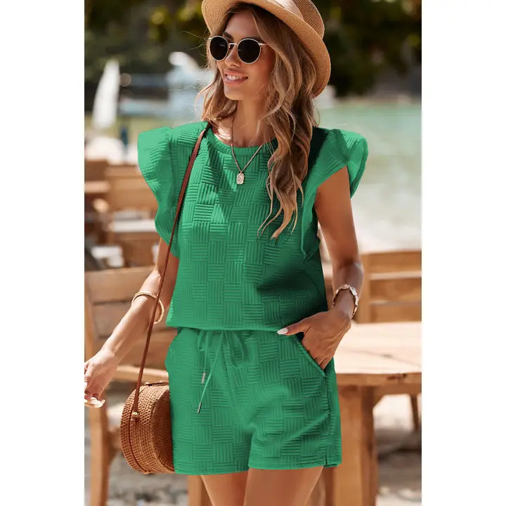 Green Ruffled Sleeve Short Set