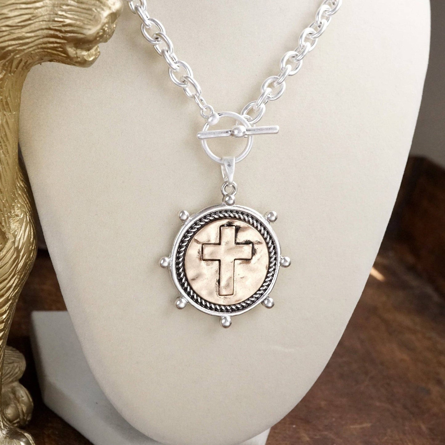 Cross Coin Chain Necklace with Front Toggle Closure – Silver