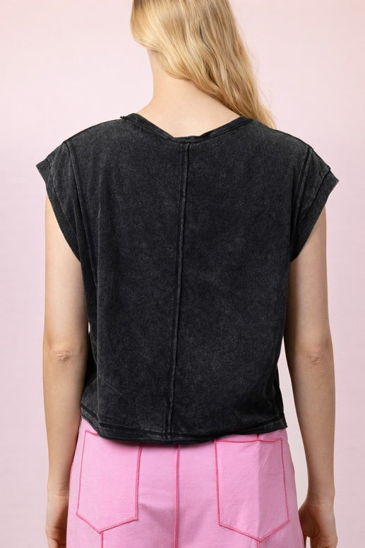 Mineral Washed Sleeveless Casual Knit Top Black