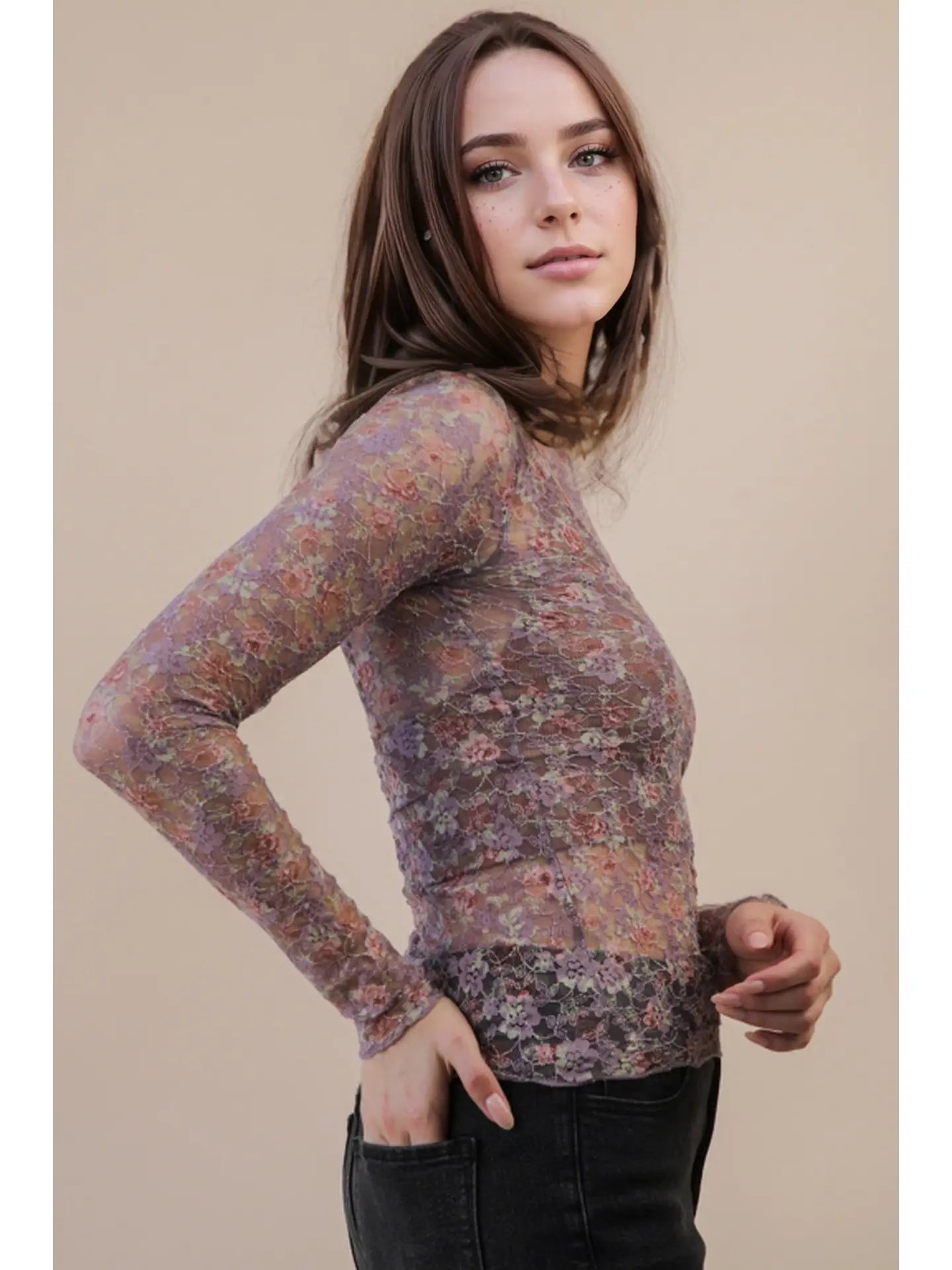 High Neck Fitted Sheer Mesh Lace Knit Top
