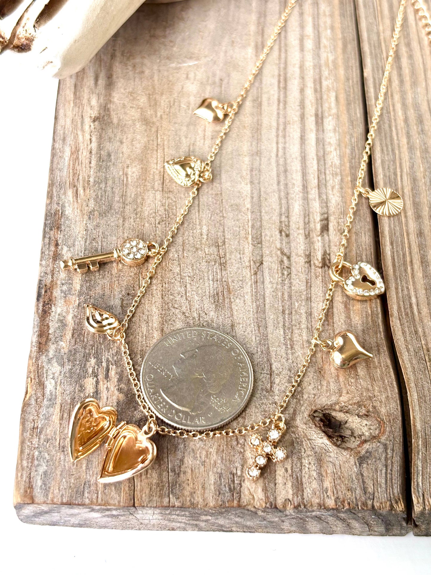 Heart Multi Charm Link Chain Necklace