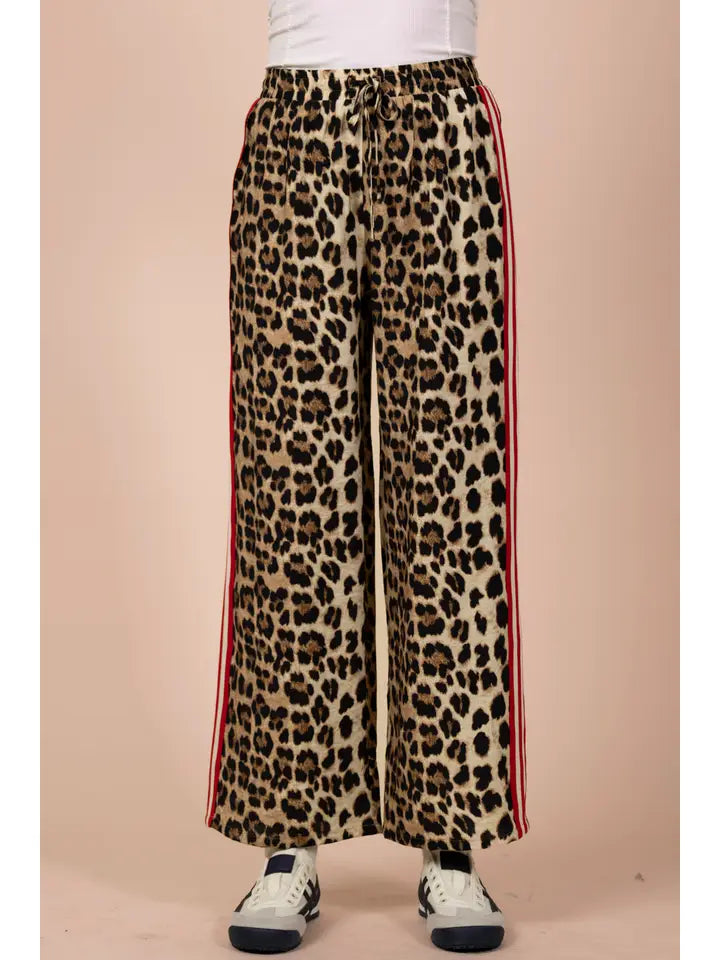 Side Stripe Tape Detail Leopard Wide Leg Pants