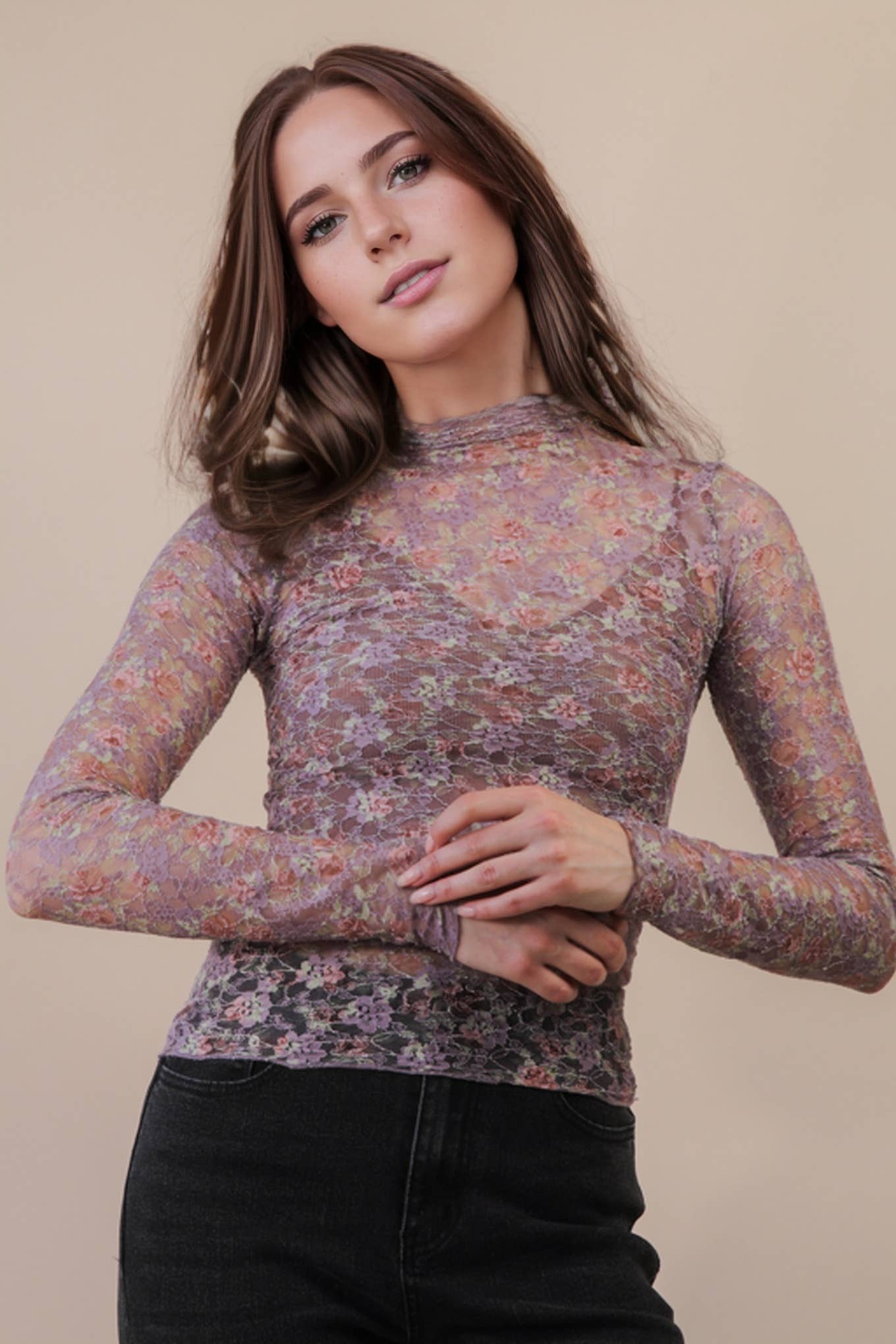 High Neck Fitted Sheer Mesh Lace Knit Top