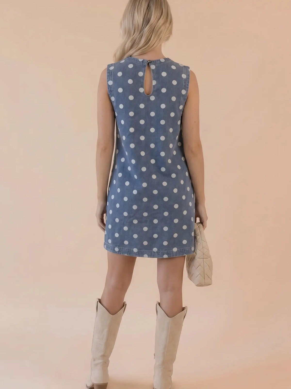 Polka Dot Sleeveless Short Length Light Wash Denim Dress