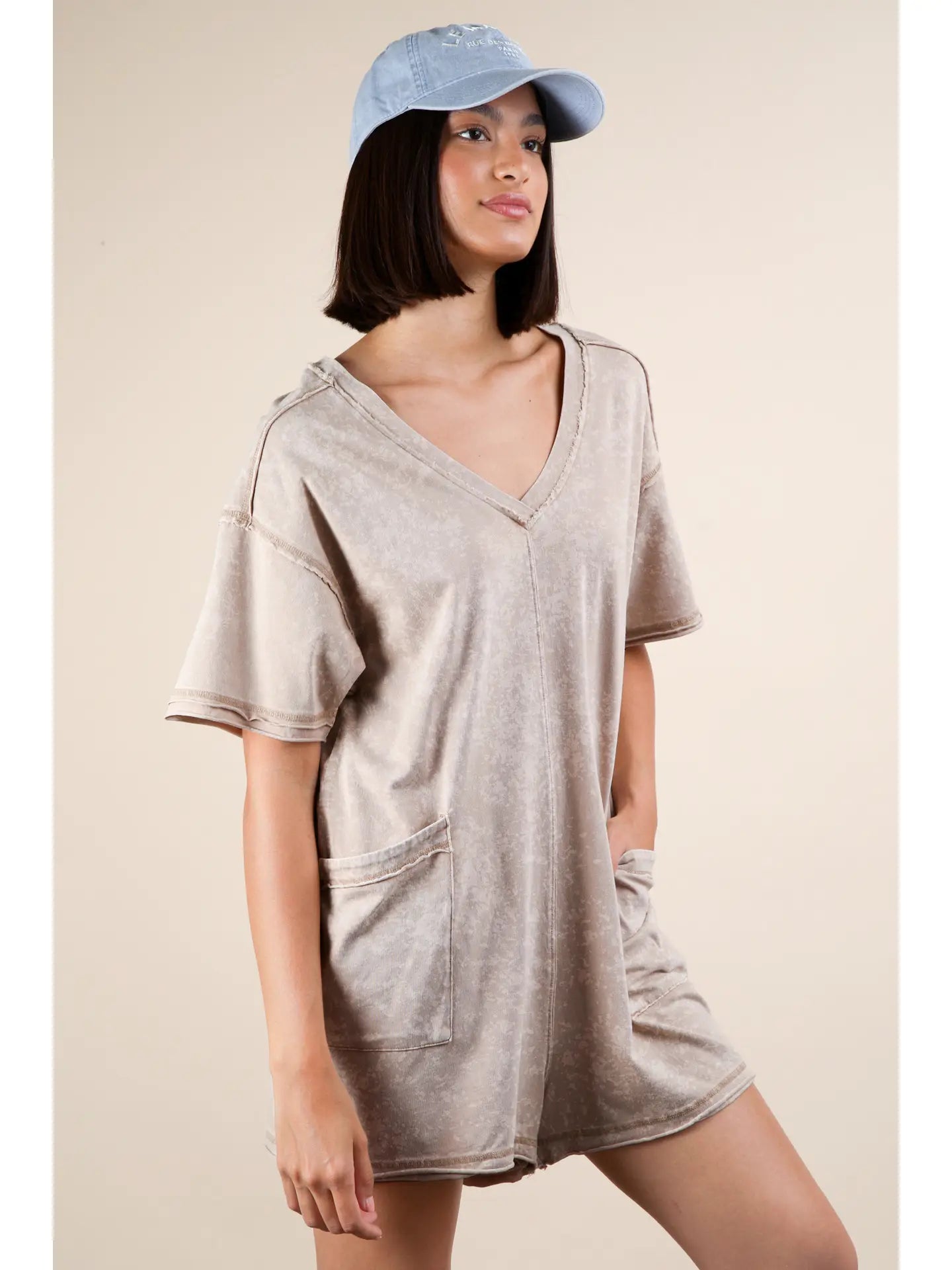 Taupe Mineral Washed Knit Mini Dress with Shorts Inside