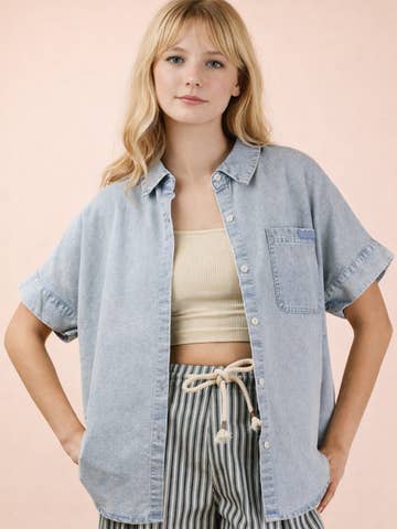 Mineral Washed Chambray Oversized Shirt Top