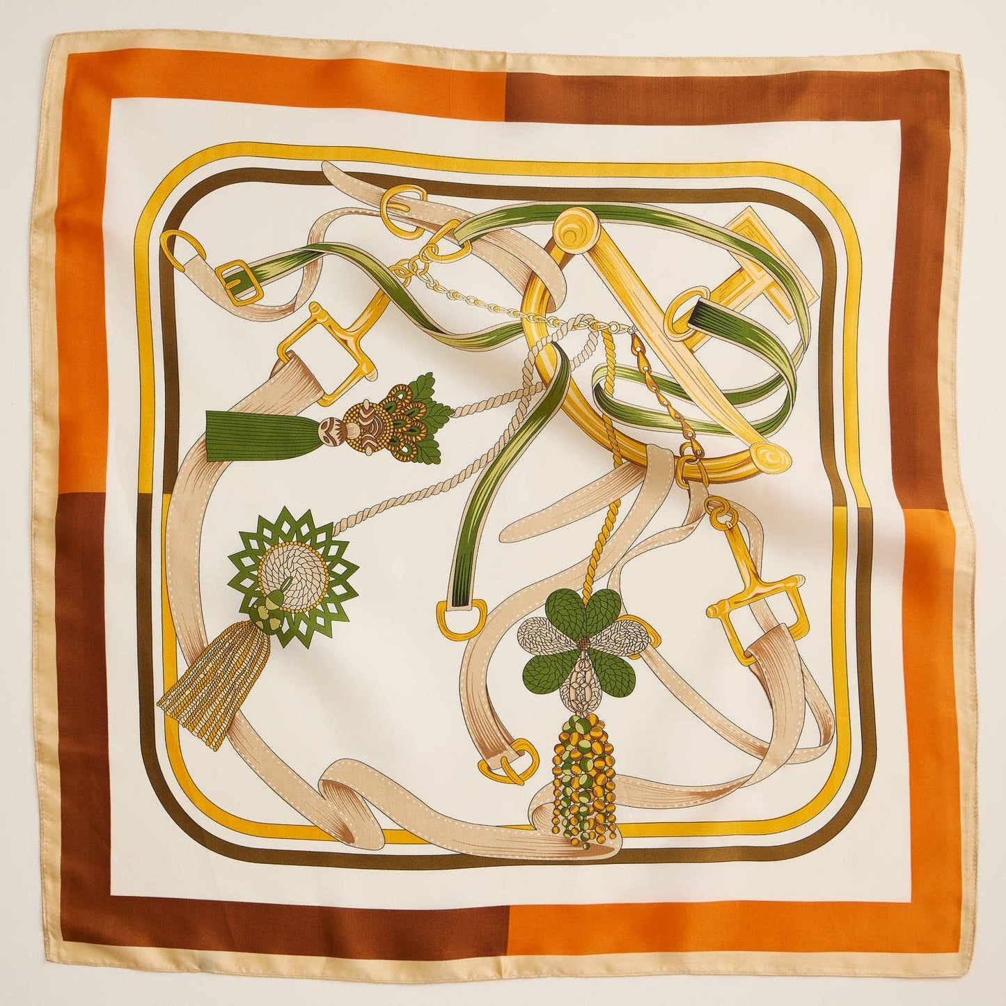Equestrian-Inspired Silk Square Scarf with Buckle & Tassel