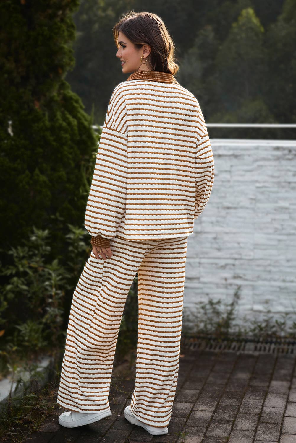 Blue Stripe Collared Pullover & Drawstring Pants Set | S-4X