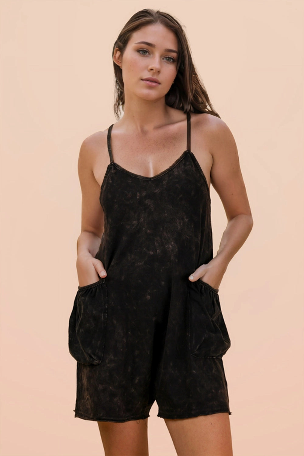 Black Mineral Washed Sleeveless Casual Knit Romper