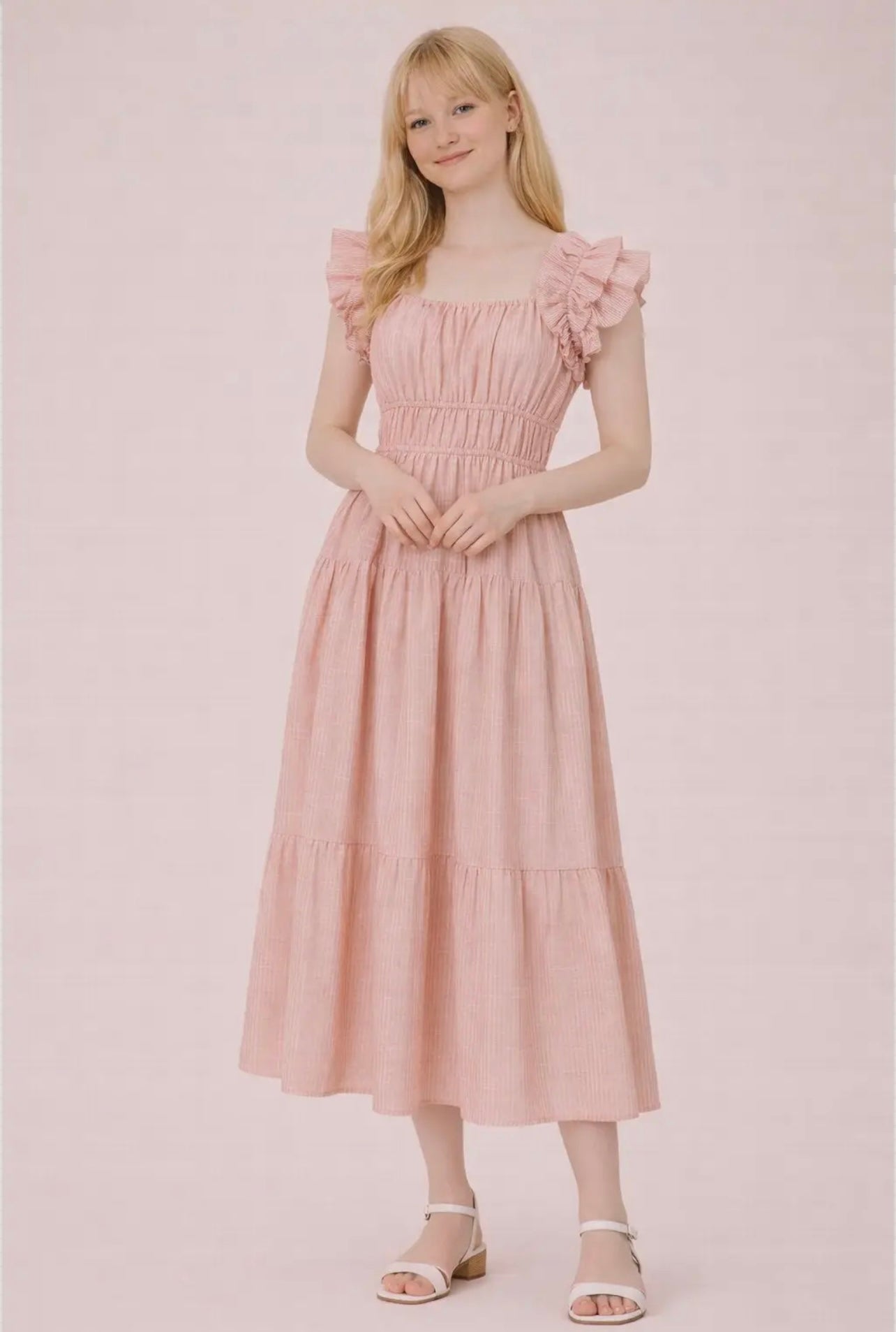 Shoulder Ruffle Detail Stripe
Midi Dress