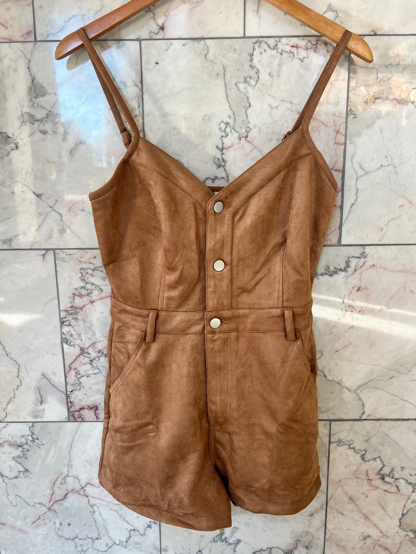 Day+Moon Suede Romper w Button Front & Pocket
