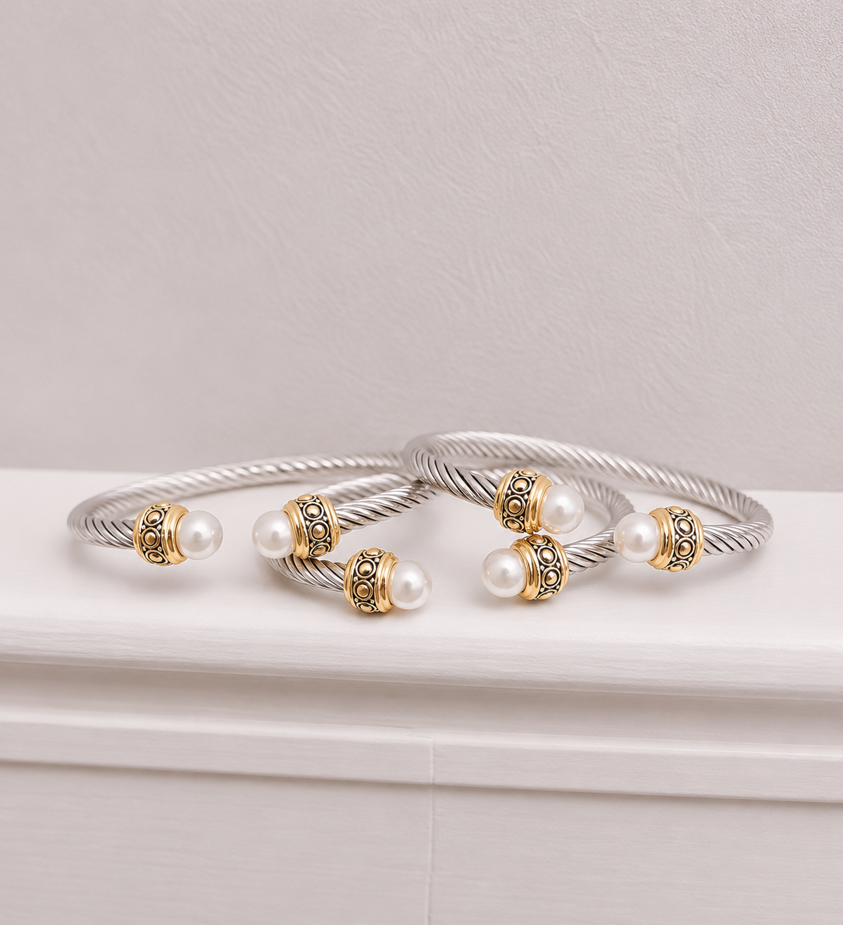 Pearl & Gold Accent Cable Cuff Bracelet