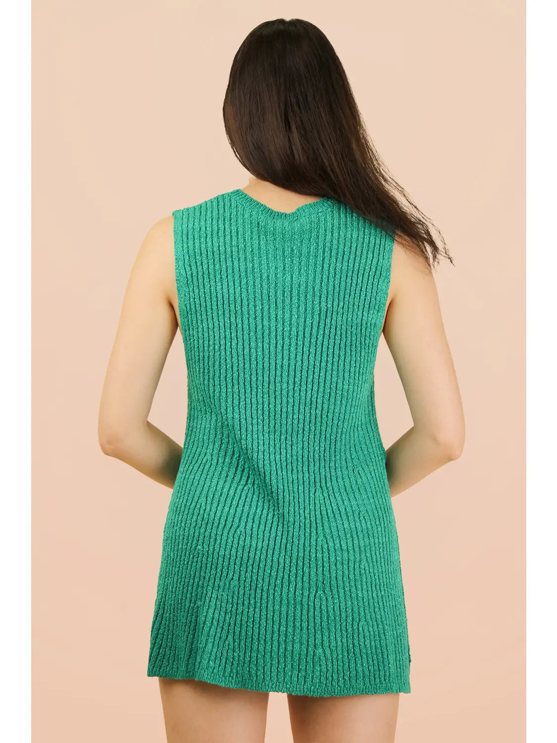 GREEN SLEEVELESS TUNIC KNIT SWEATER WITH SHORTS SET