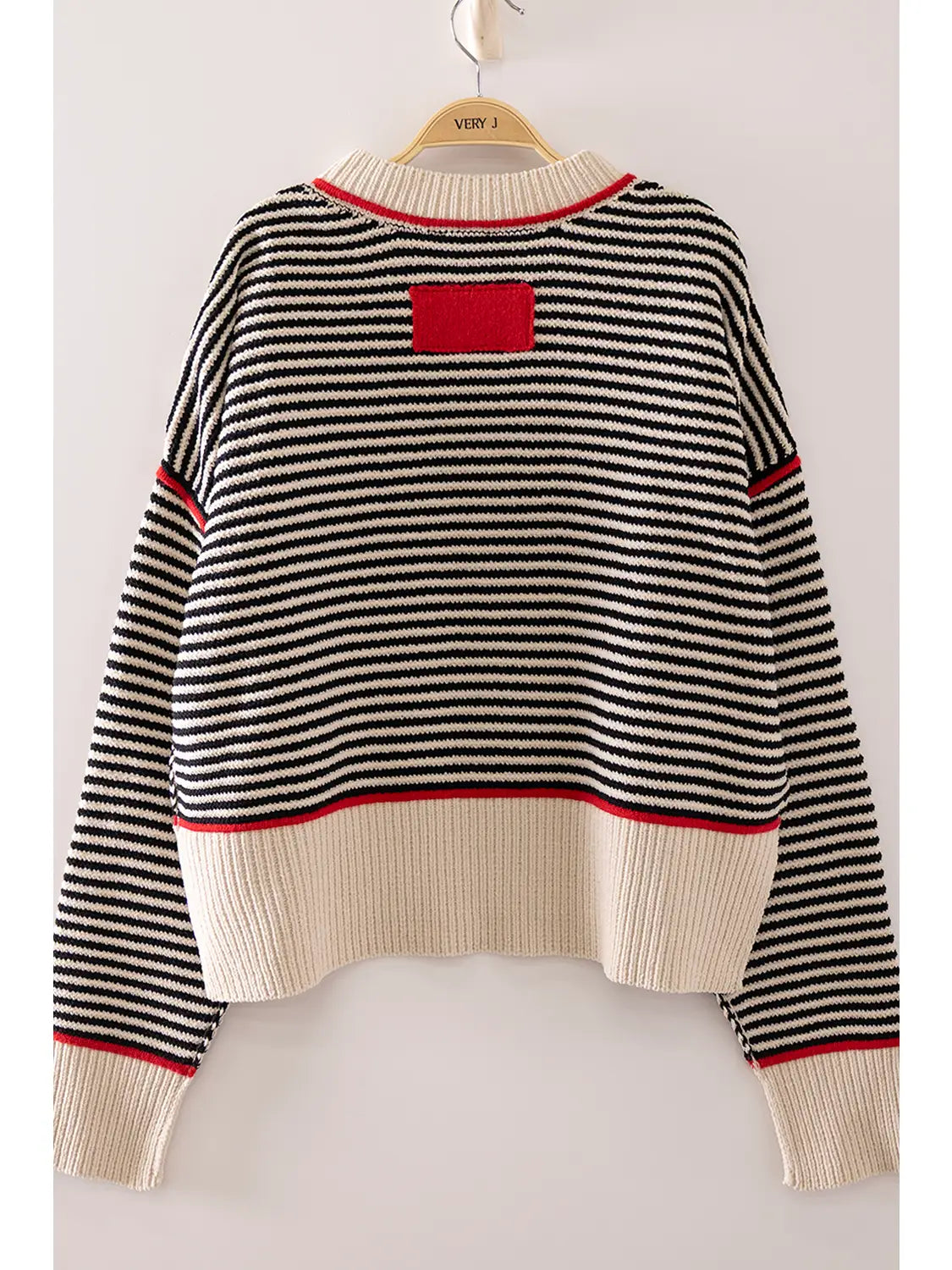 Red and Black Contrast Trim Stripe Knit Sweater