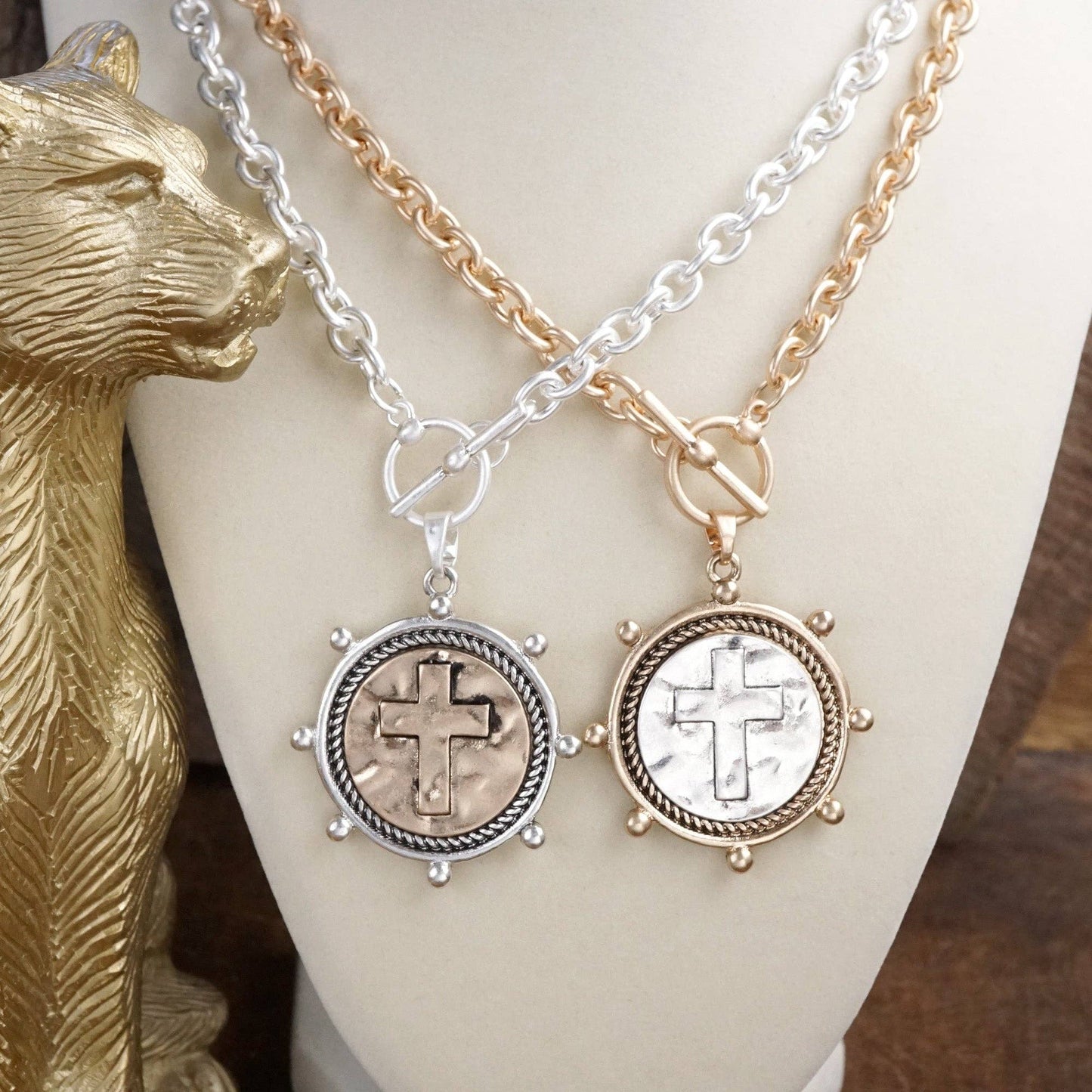 Cross Coin Chain Necklace with Front Toggle Closure – Silver