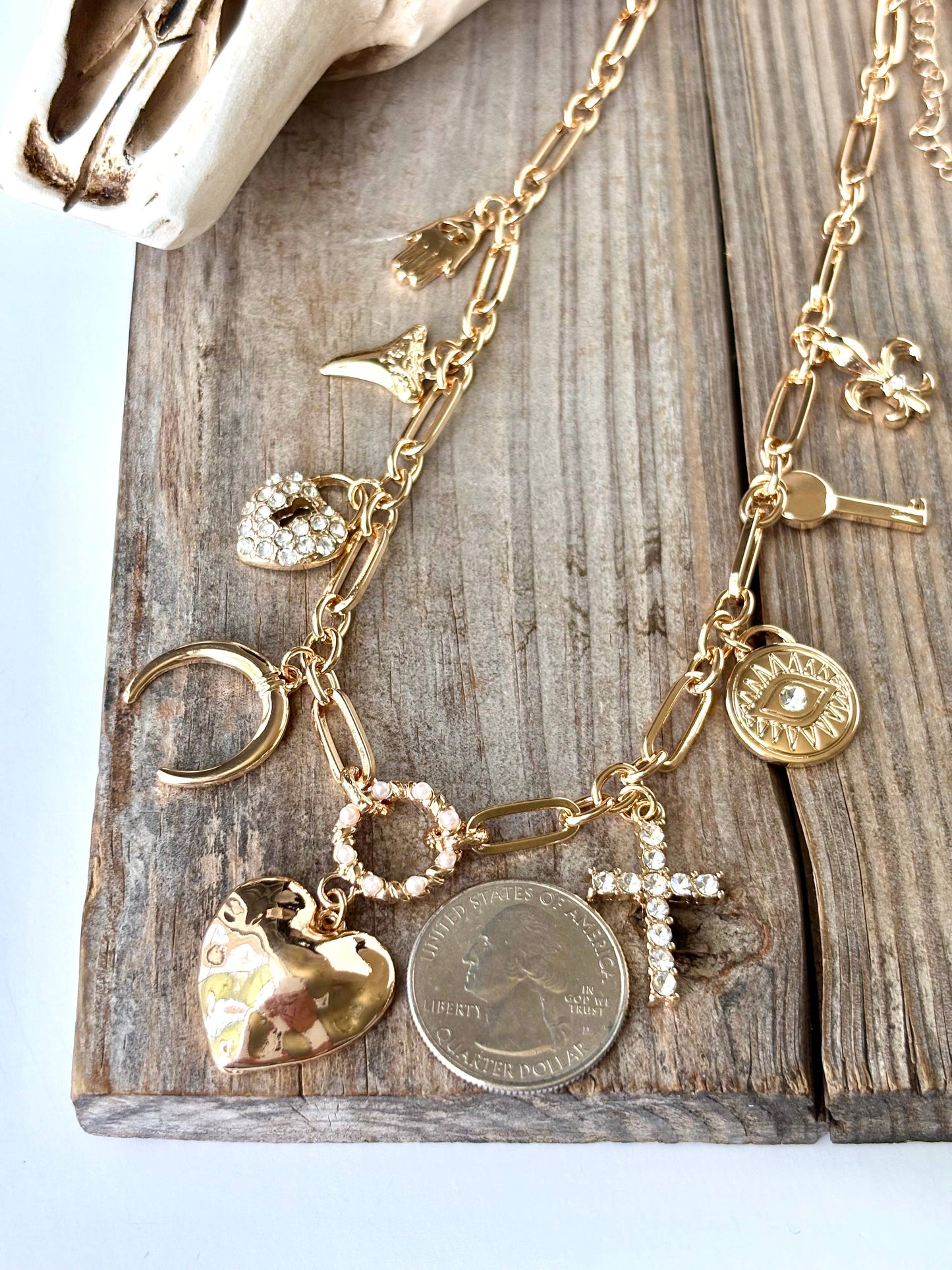 Heart Multi Charm Link Chain Necklace