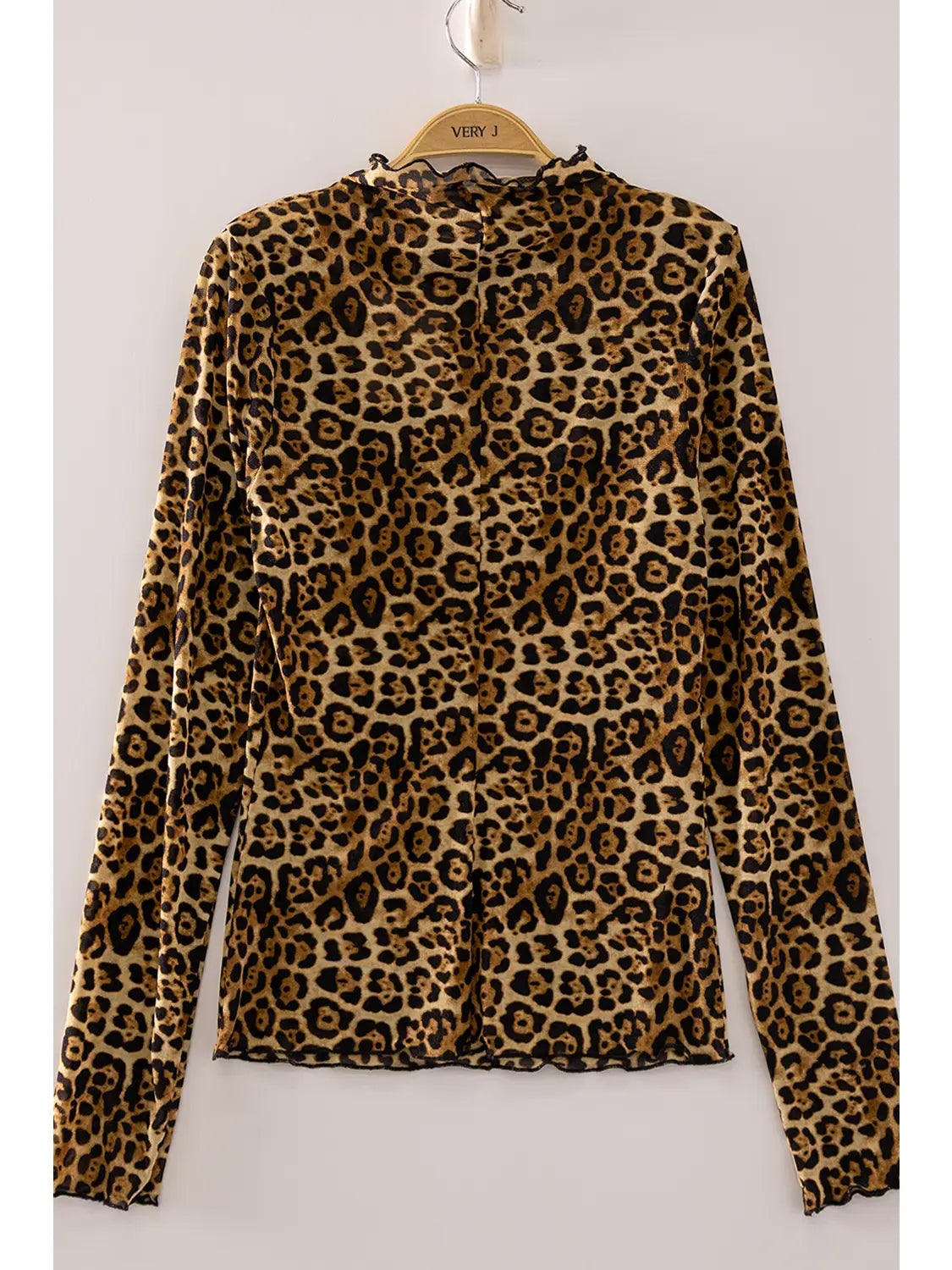 High Neck Fitted Sheer Mesh Lace Knit Top (Mocha Leopard)