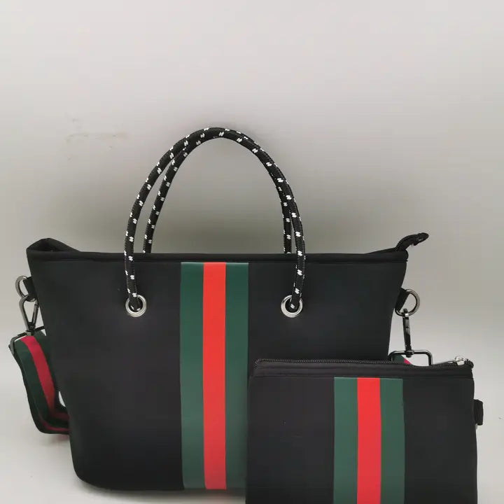 Mini Neoprene Bag Black Tote With Red Stripe