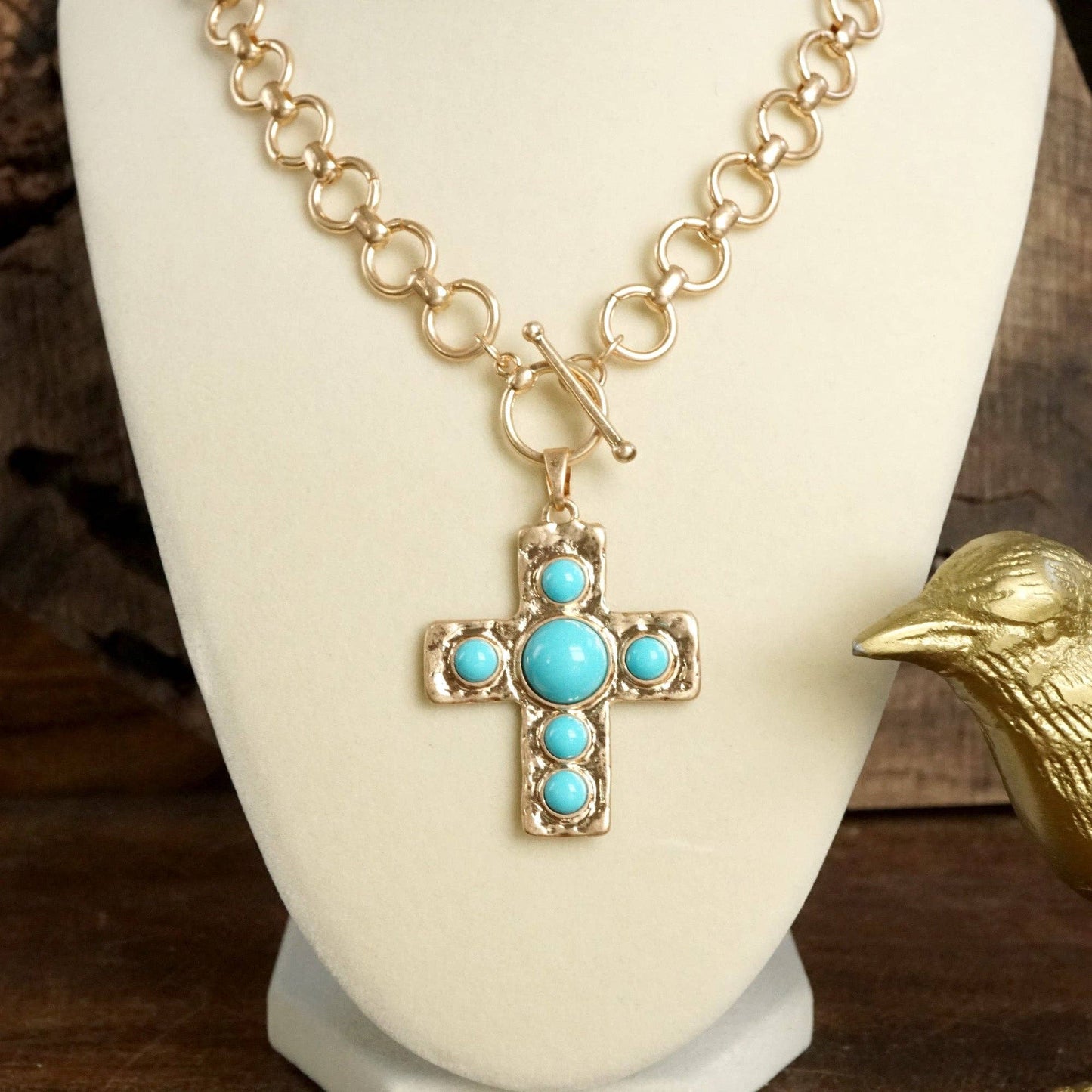 Primitive Cross Necklace – Worn Gold Tone with Acrylic Turquoise Cabochons