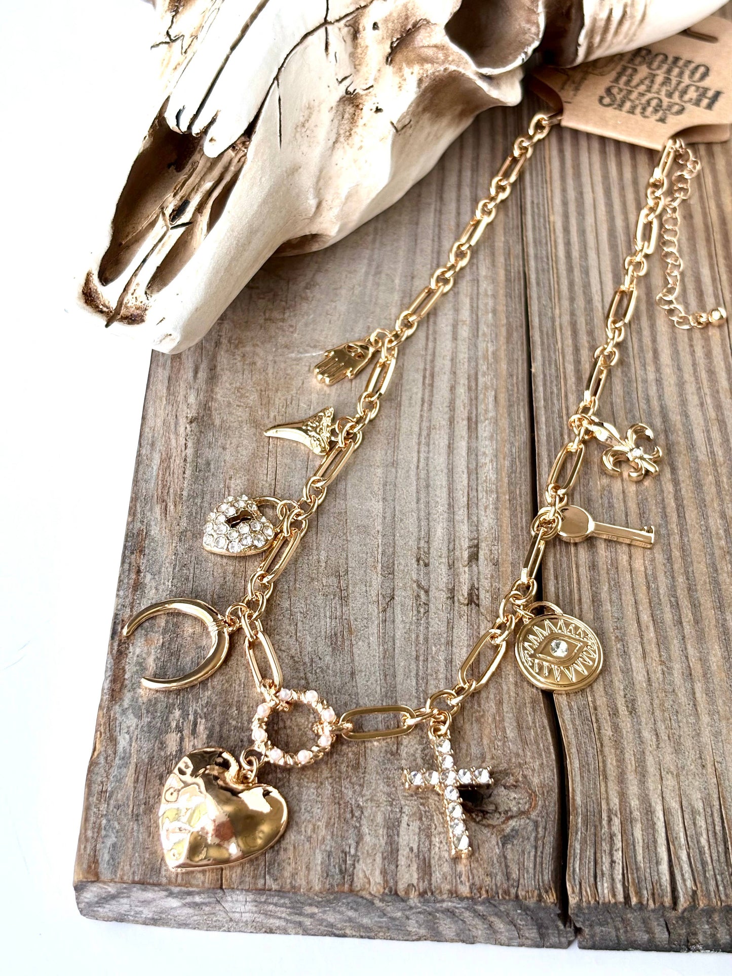 Heart Multi Charm Link Chain Necklace