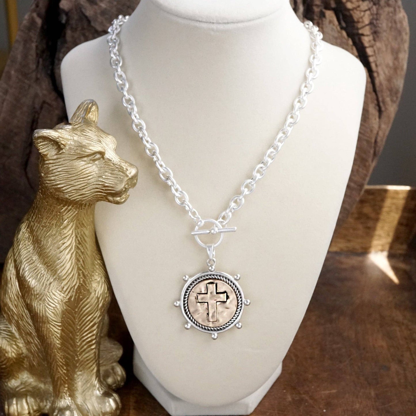 Cross Coin Chain Necklace with Front Toggle Closure – Silver