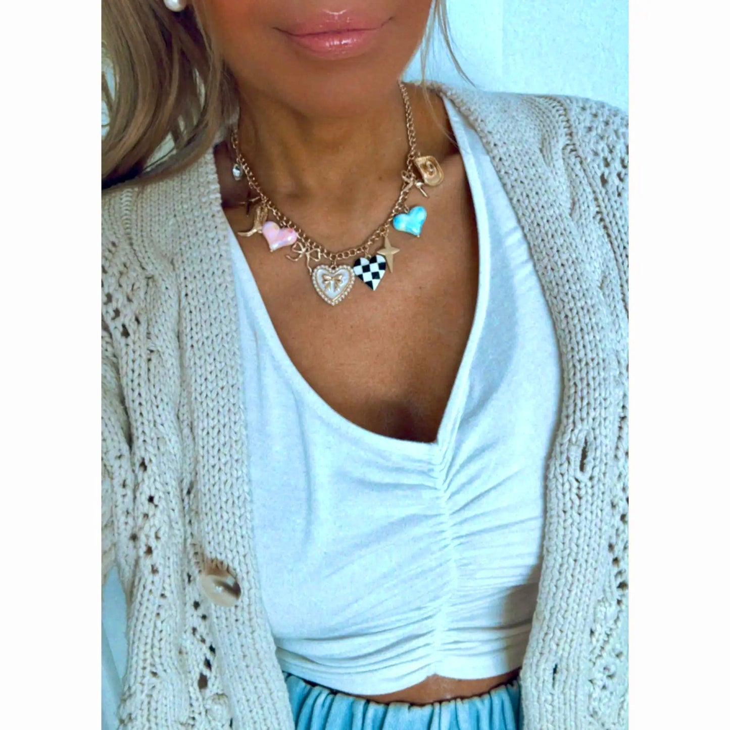 Colored Multi Charm Link Chain Necklace