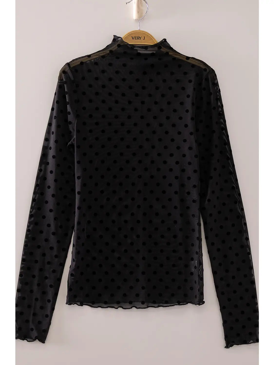 High Neck Fitted Sheer Mesh Lace Knit Top (Black Dot)
