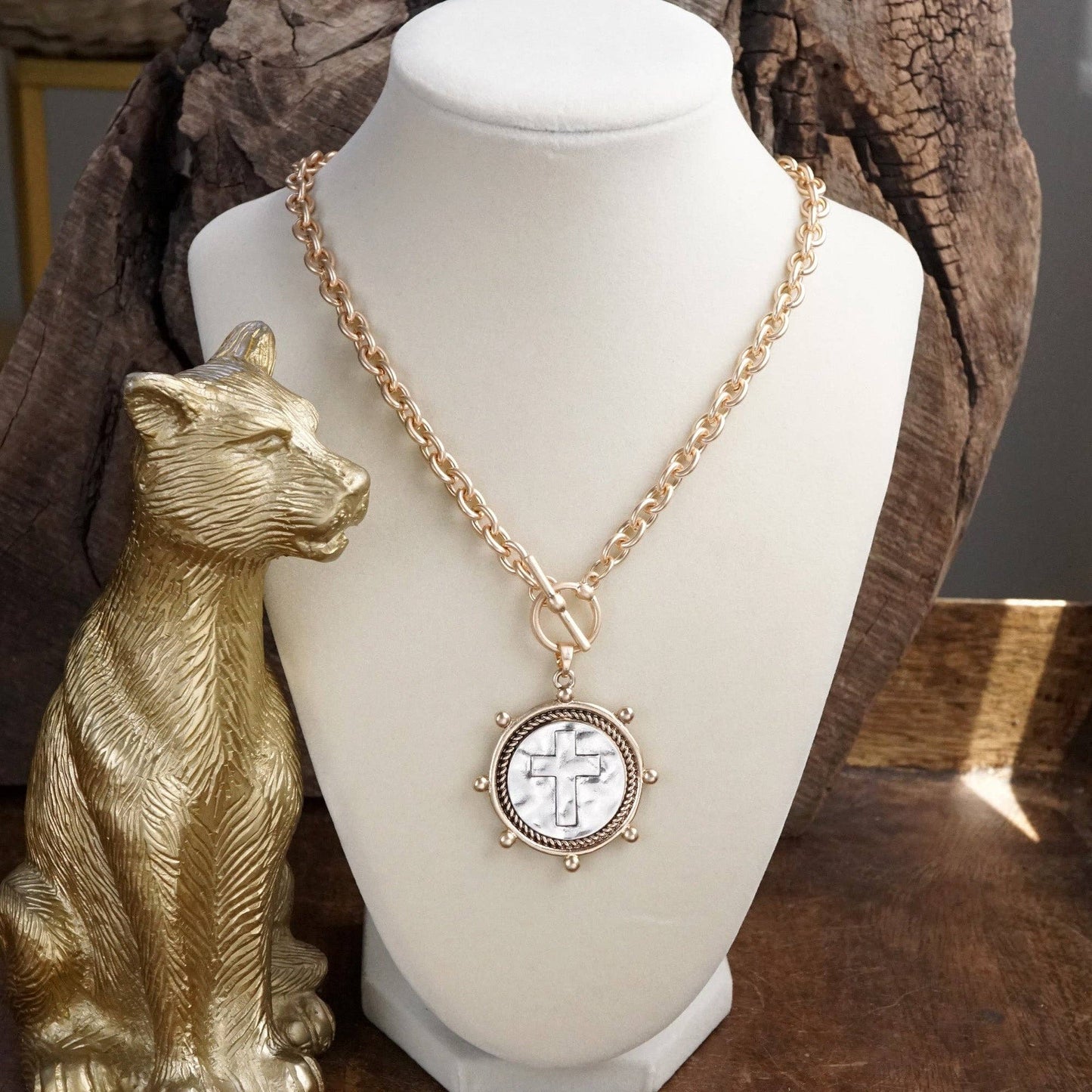 Cross Coin Chain Necklace with Front Toggle Closure – Silver