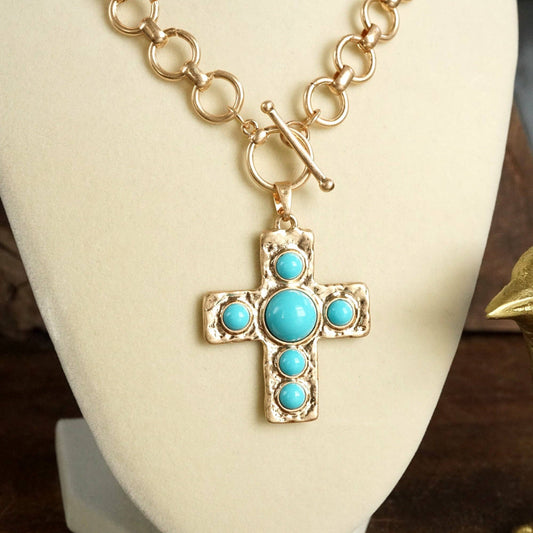 Primitive Cross Necklace – Worn Gold Tone with Acrylic Turquoise Cabochons