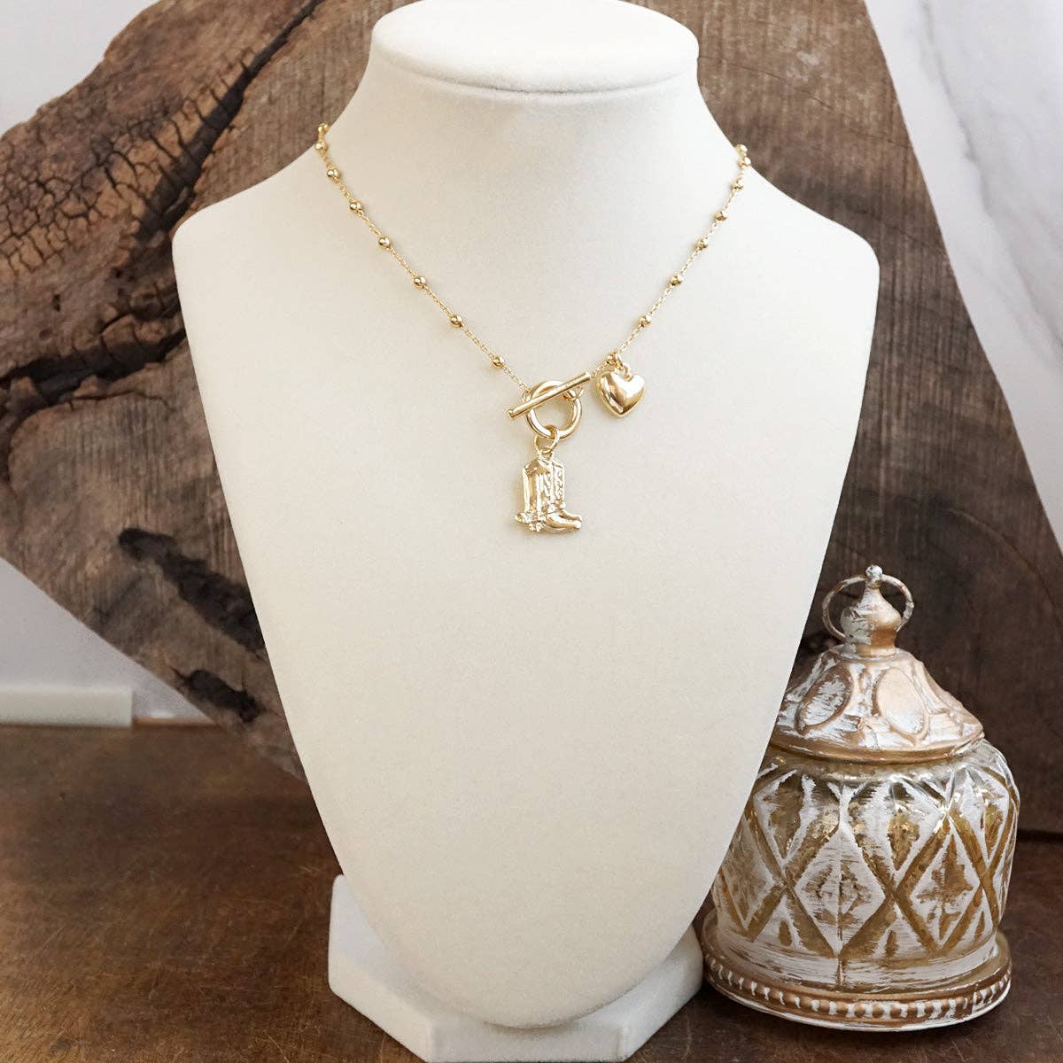 Cowgirl Charm – Dainty Boots & Heart Necklace in Gold