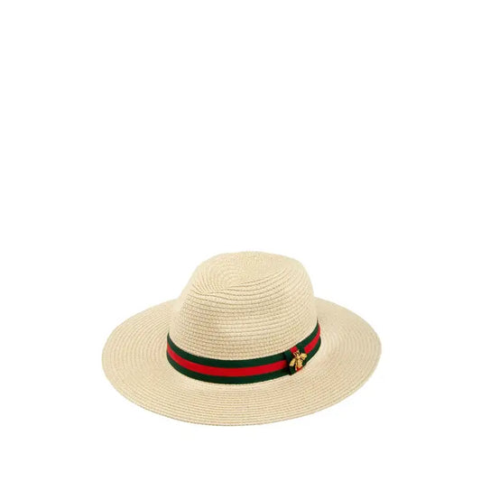 Bee Decorated Green and Red Band Straw Fedora Hat