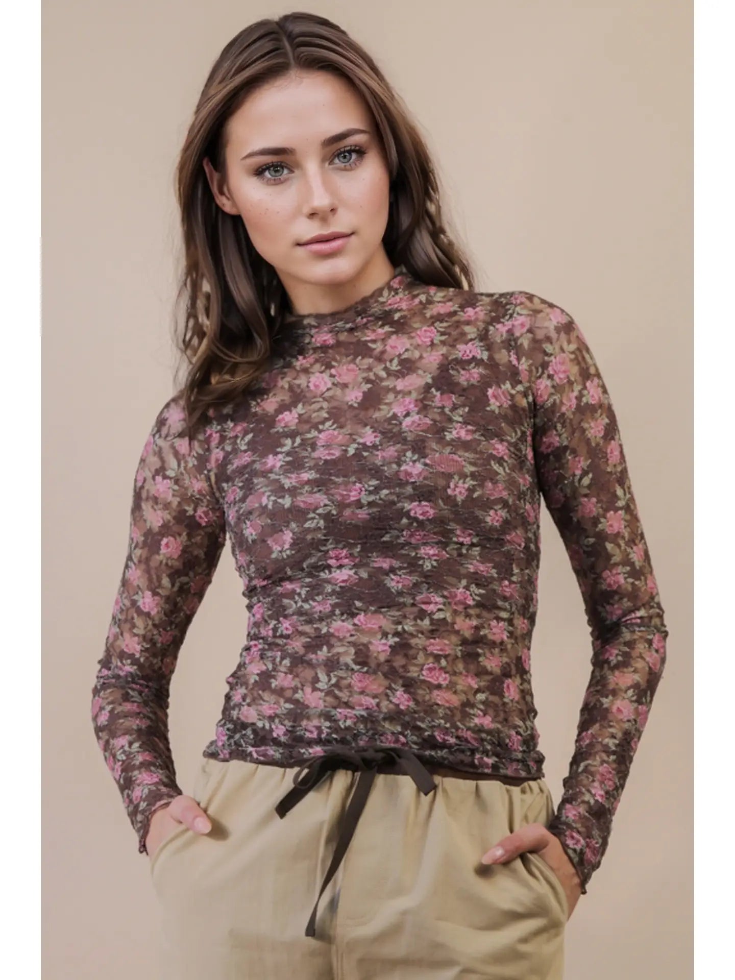 High Neck Fitted Sheer Mesh Lace Knit Top