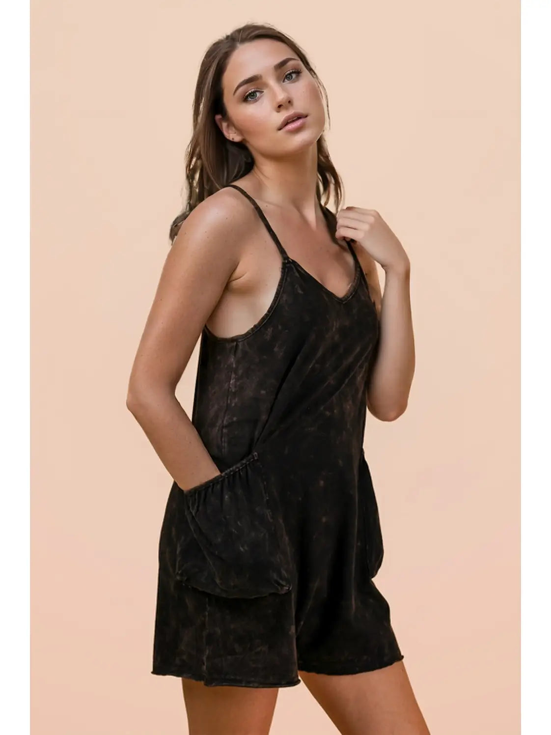Black Mineral Washed Sleeveless Casual Knit Romper