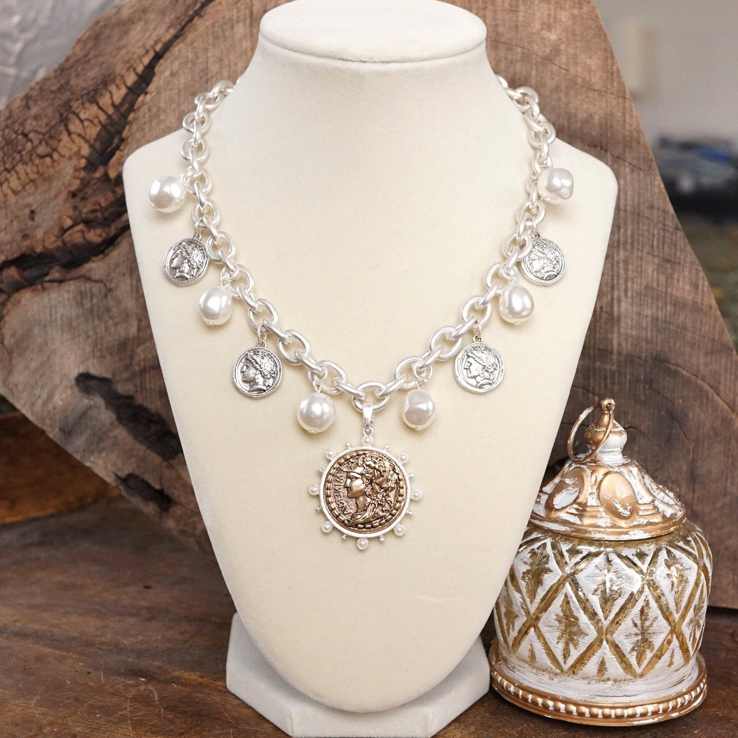 Boho Coin and Pearl Charms Statement Necklace – Silver Tone