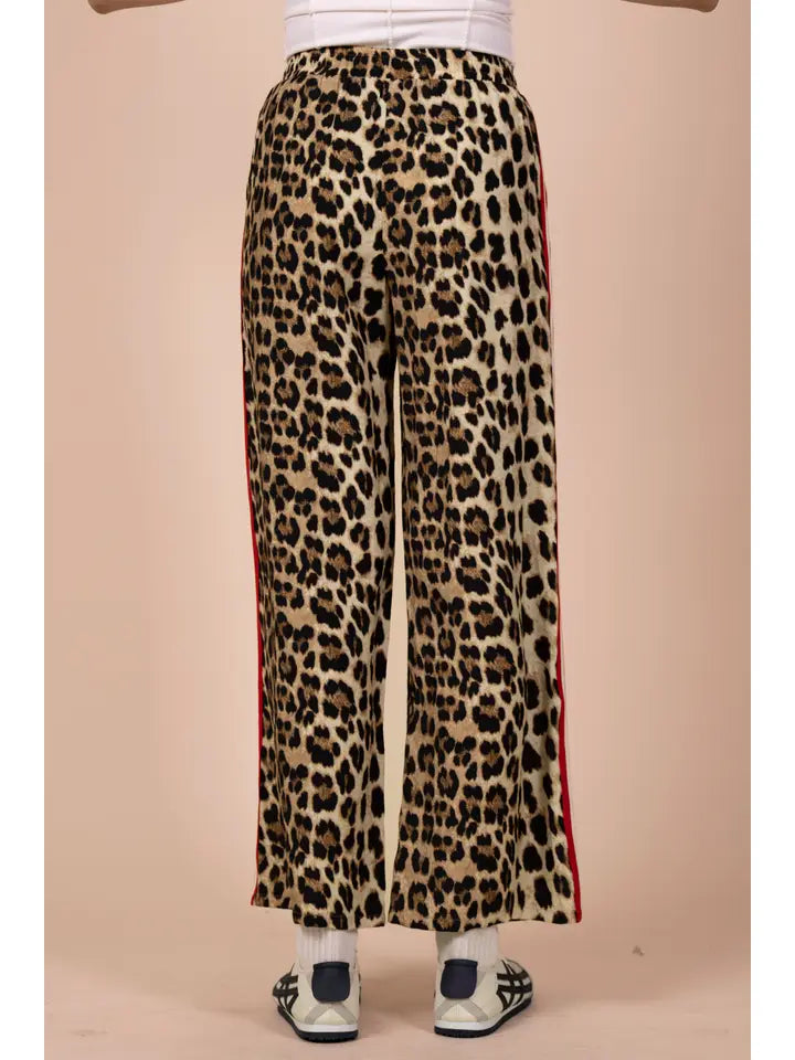 Side Stripe Tape Detail Leopard Wide Leg Pants