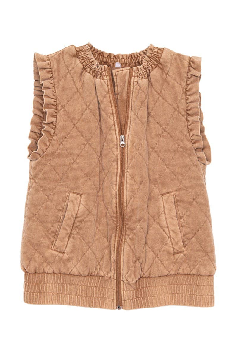 Quilted Ruffle Sleeve Vest  in Camel