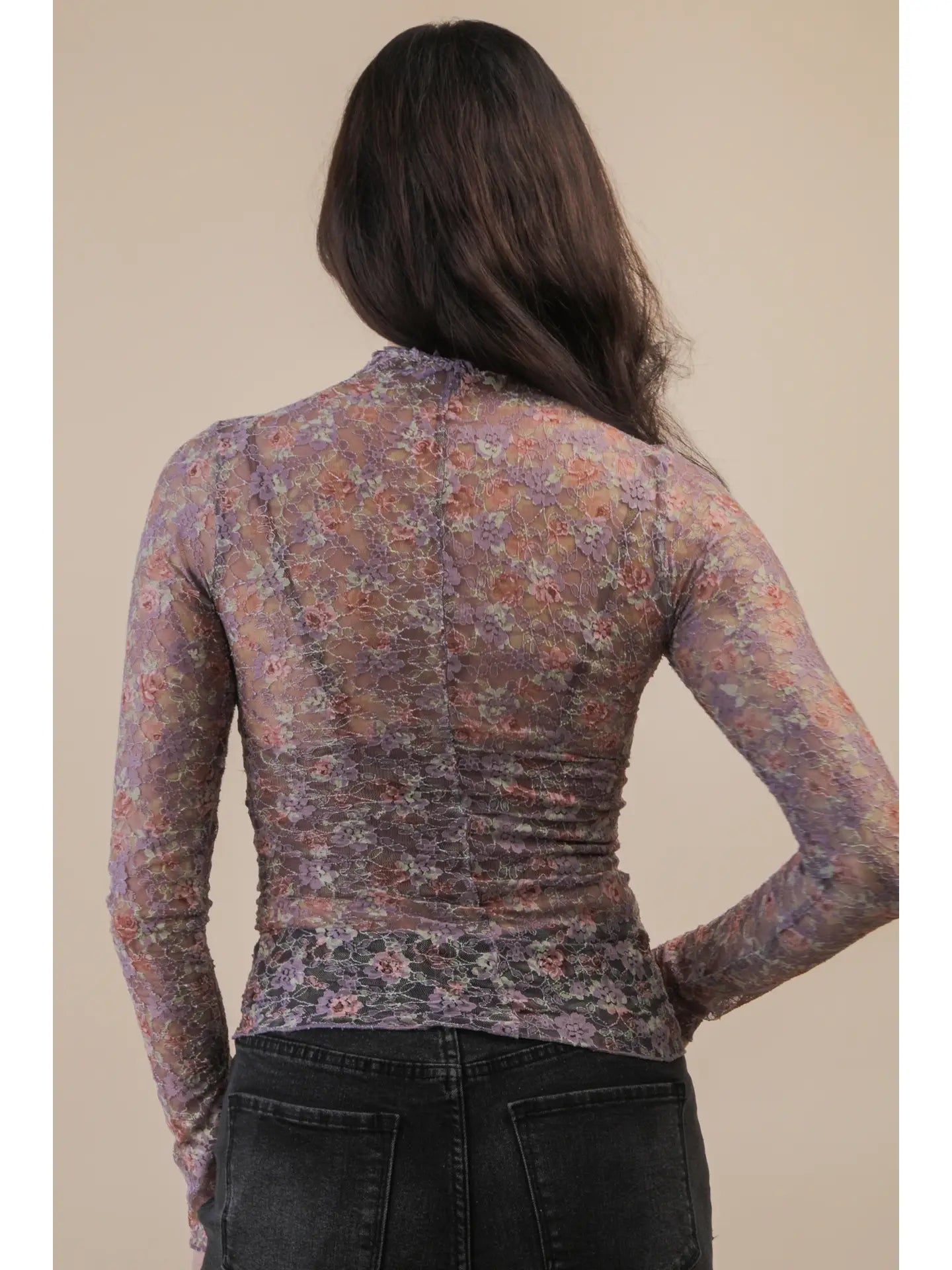 High Neck Fitted Sheer Mesh Lace Knit Top
