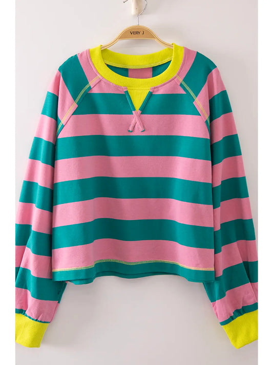 Casual Stripe Cropped Top (Seafoam/Pink)