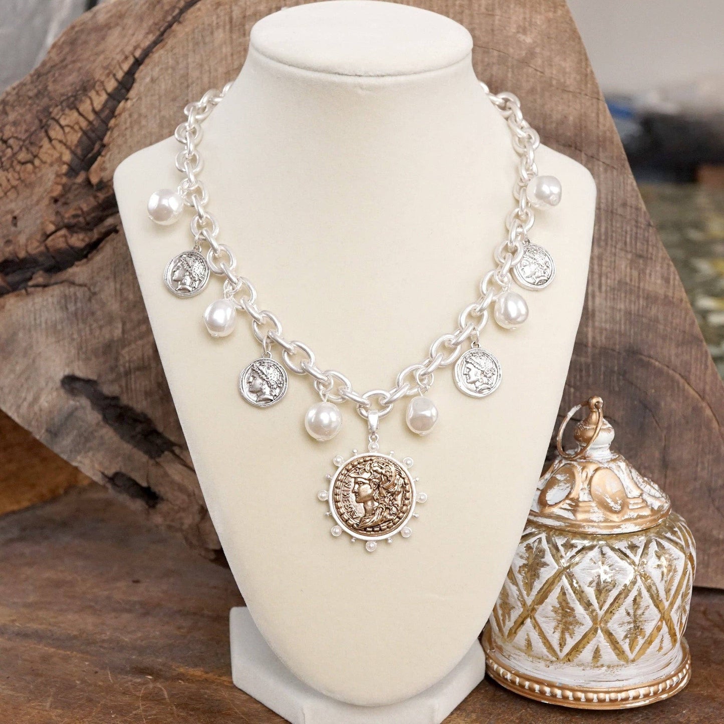 Boho Coin and Pearl Charms Statement Necklace – Silver Tone