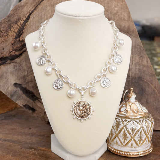 Boho Coin and Pearl Charms Statement Necklace – Silver Tone