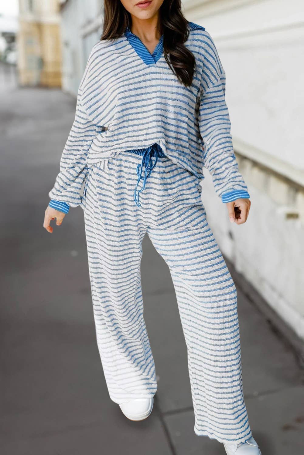 Blue Stripe Collared Pullover & Drawstring Pants Set | S-4X