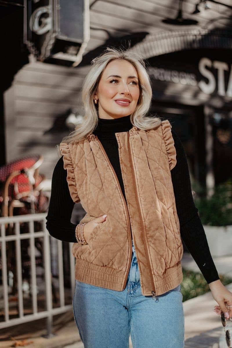 Quilted Ruffle Sleeve Vest  in Camel