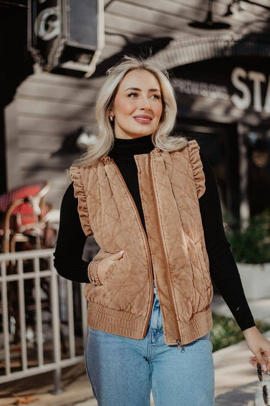 Quilted Ruffle Sleeve Vest  in Camel