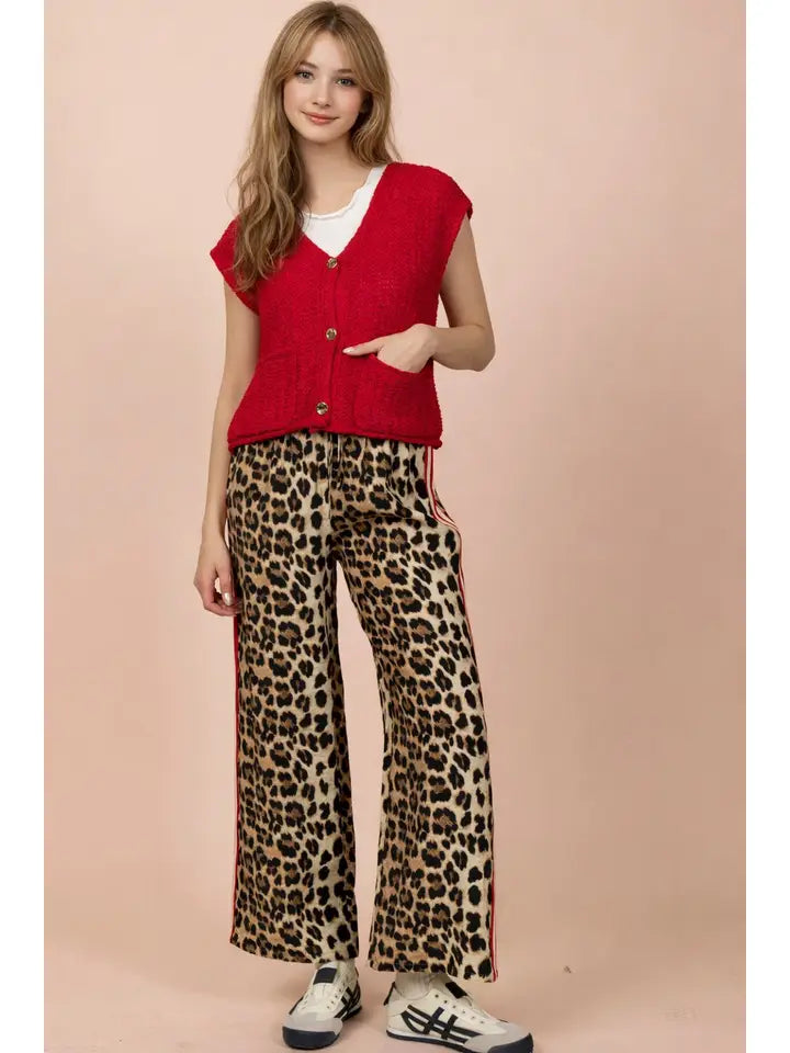 Side Stripe Tape Detail Leopard Wide Leg Pants