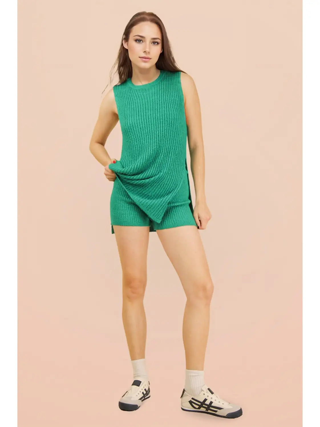 GREEN SLEEVELESS TUNIC KNIT SWEATER WITH SHORTS SET