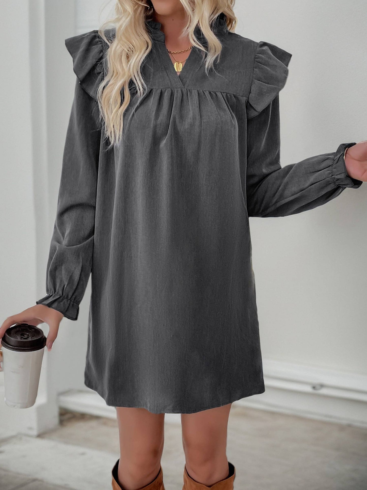 Solid Color Ruffled Long Sleeved Loose Standing Collar Dress