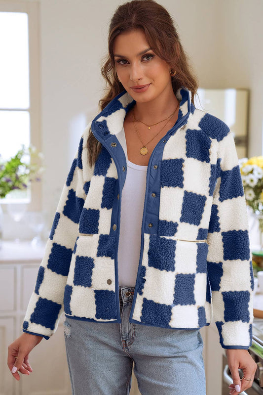 Checked Snap Button Sherpa Jacket